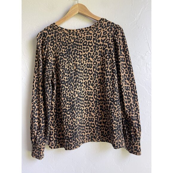 LOFT Size Medium Leopard Animal Print Black Tan Jersey Sweatshirt Puff Sleeve 10 - Picture 11 of 12